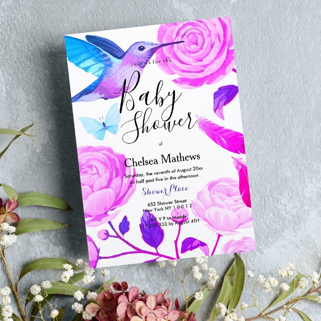 Lila aquamarine Kolibri Blumendusche Einladung (Purple teal white hummingbird floral Baby Shower)