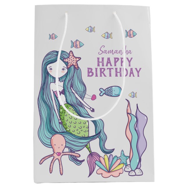 Lila Aquamarine Mermaid Happy Birthday Personalisi Mittlere Geschenktüte (Vorderseite)
