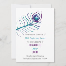 Lila aquamarine Pfauenhochzeit speichert die Daten Save The Date