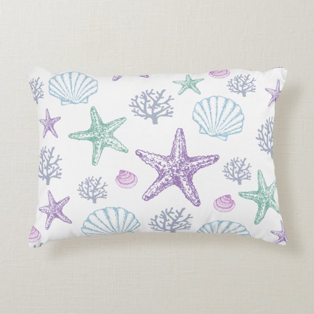 Lila Aquamarine Seashell Starfish Muscheln Dekokissen (Vorderseite)