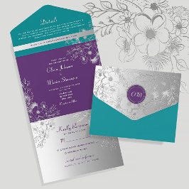 Lila Aquamarine Silberblumenhochzeit All In One Einladung