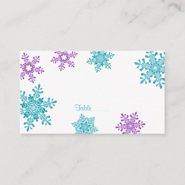 Lila Aquamarine Snowflake Winter Hochzeiten Platzk Platzkarte (Vorderseite)