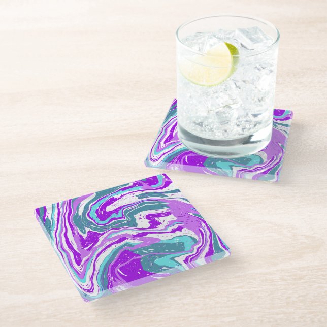 Lila, Aquamarine, türkisfarbene Marmorflüssigkeit  Glasuntersetzer (Schrägansicht)