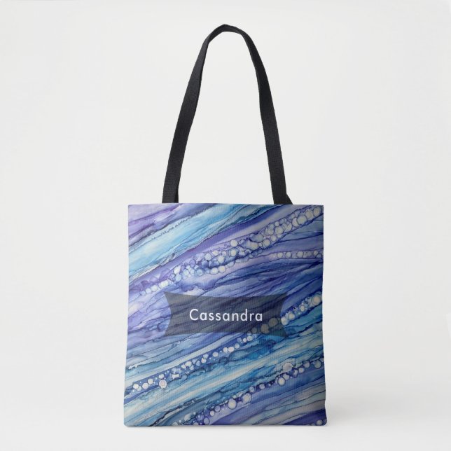 Lila, Aquamarine und blaue Abstrakte Liquid Art Tasche (Vorderseite)