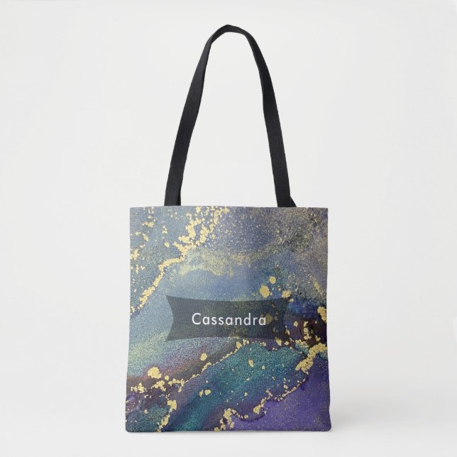 Lila, Aquamarine und goldene Abstrakte Liquid Art Tasche (Vorderseite)
