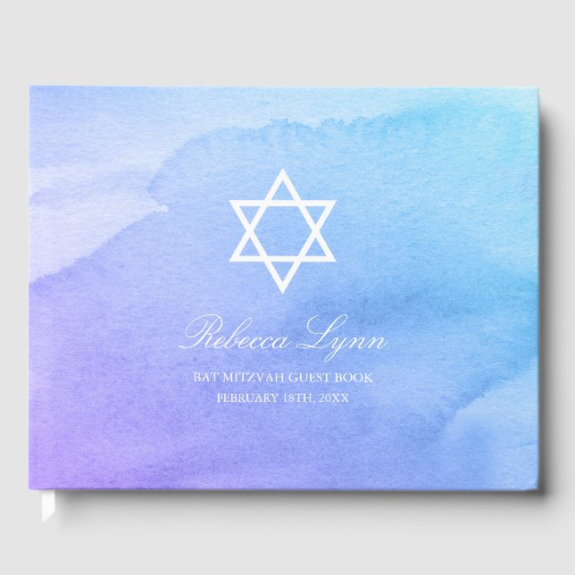Lila Aquamarine Wasserfarbe Bat Mitzvah Gästebuch (Vorderseite)