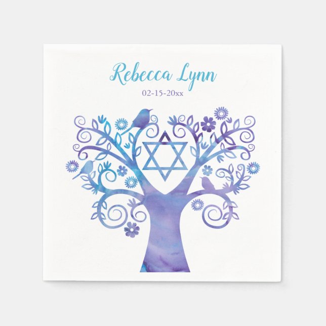 Lila Aquamariner Aquarellbaum Bat Mitzvah Serviette (Vorderseite)