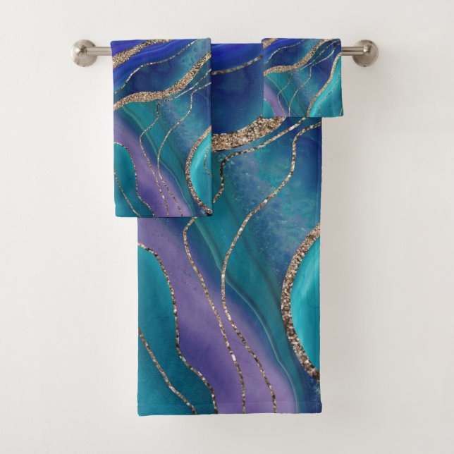 Lila Aquamariner Blauer Galaxienebel Agate Glitzer Badhandtuch Set (Insitu)