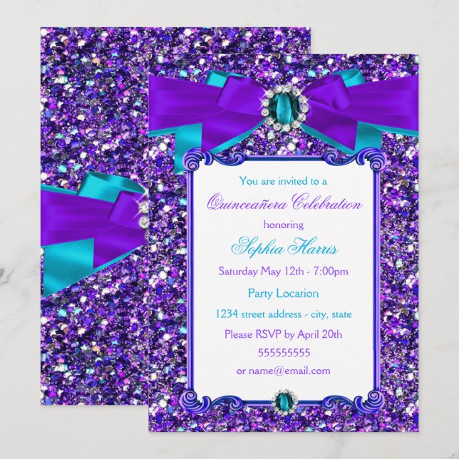 Lila Aquamariner Blauer Glitzer Jewel Bow Quincean Einladung (Vorne/Hinten)