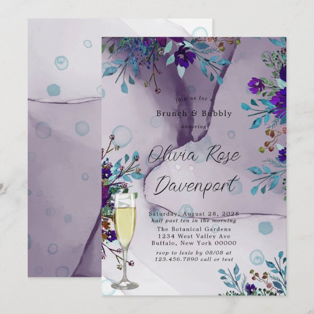 Lila Aquamariner Botanischer Blumenbrunch & Bubbly Einladung (Vorne/Hinten)