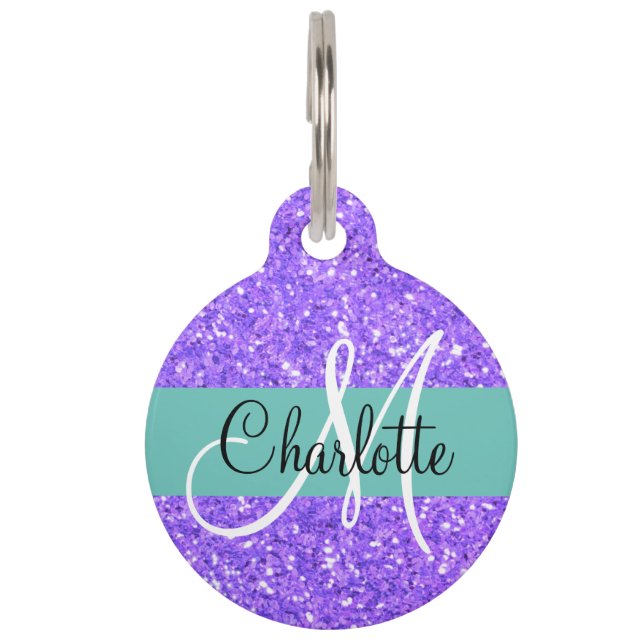 Lila aquamariner funkelnder Glitzer mit Monogramm Haustiermarke (Vorderseite)