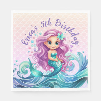 Lila Aquamariner Meerjungfrau Wasserfarbe Geburtst Serviette