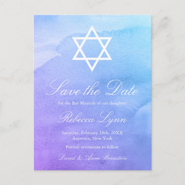 Lila | Aquamariner Wasserfarbbat Mitzvah Save the  Ankündigungspostkarte (Vorderseite)