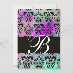 LILA AQUAMARINES AQUA BLUE BLACK DAMASK MONOGRAMM EINLADUNG