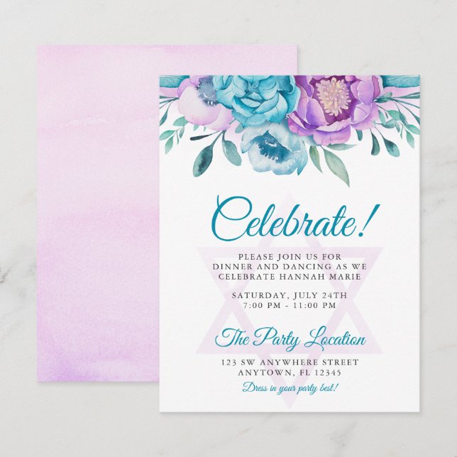 Lila Aquamarines Aquarellfarben Floral Bat Mitzvah Einladung (Vorne/Hinten)