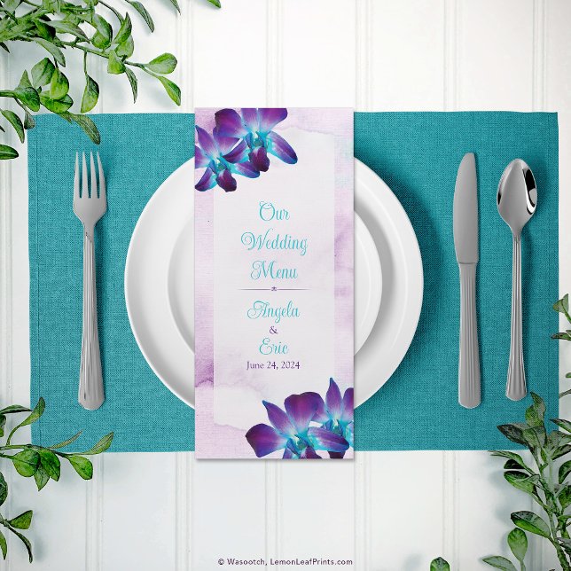 Lila Aquamarines Blue Dendrobium Orchid Wedding Me Werbekarte (Purple Teal Blue Dendrobium Orchid Wedding Menu)
