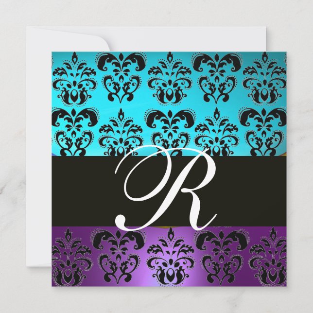 LILA AQUAMARINES BLUE TURQUOISCH DAMASK MONOGRAM EINLADUNG (Vorderseite)