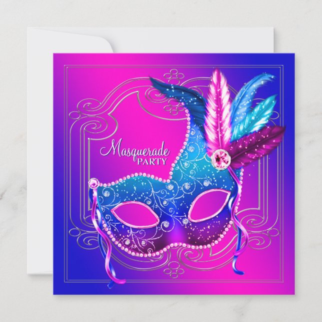 Lila Aquamarines Masquerade-Party in Pink Einladung (Vorderseite)