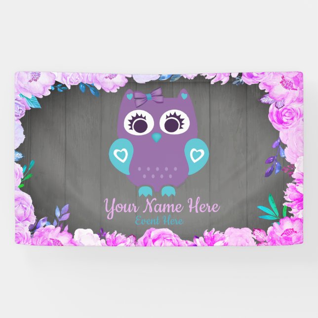 Lila Aquamarines Owl Girl Backdrop Wüstentisch Zei Banner (Horizontal)