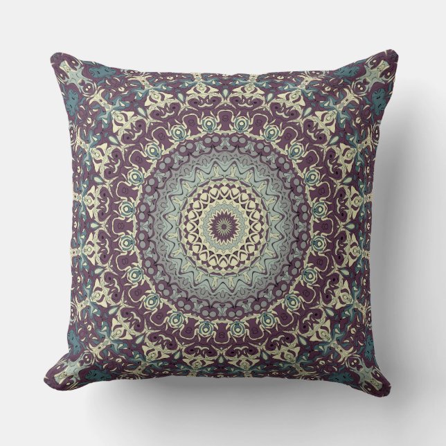Lila Aquamarines und Creme Mandala Muster Kissen (Vorderseite)