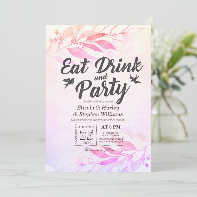 Lila Aquarell-Blätter essen Drink & Party Hochzeit Einladung (Stehend Vorderseite)