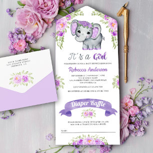 Lila Aquarell-Blumen-Elefanten-Baby-Party All In One Einladung