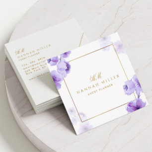 Lila-Aquarell-Blumen Elegant Goldrahmen Einzigarti Quadratische Visitenkarte
