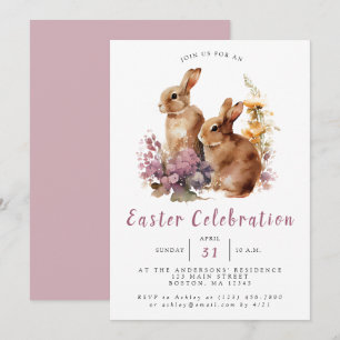 Lila Aquarell-Blumen-Hase Ostern Einladung