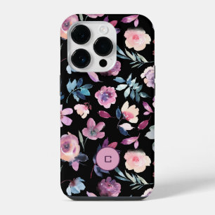 Lila Aquarell-Blumen mit Monogramm iPhone 14 Pro Hülle