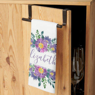 Lila Aquarell-Blumen personalisiert  Geschirrtuch