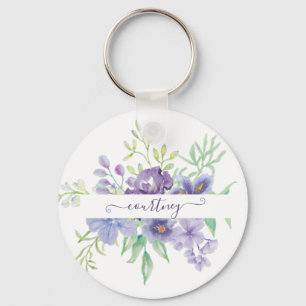 Lila Aquarell-Blumen personalisiert  Schlüsselanhänger