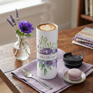 Lila-Aquarell-Blumen personalisiert  Thermosbecher