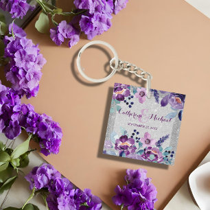 Lila Aquarell Blumen & Silber Glitter Hochzeit Schlüsselanhänger