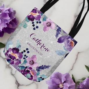 Lila Aquarell-Blumen und Silber-Glitter-Hochzeit Tasche
