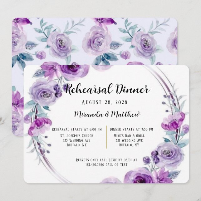 Lila Aquarell Blumenstrauß Probe Abendessen Einladung (Vorne/Hinten)