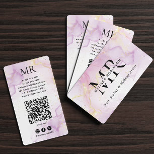 Lila Aquarell & Gold Glitter Monogramm QR-Code Visitenkarte