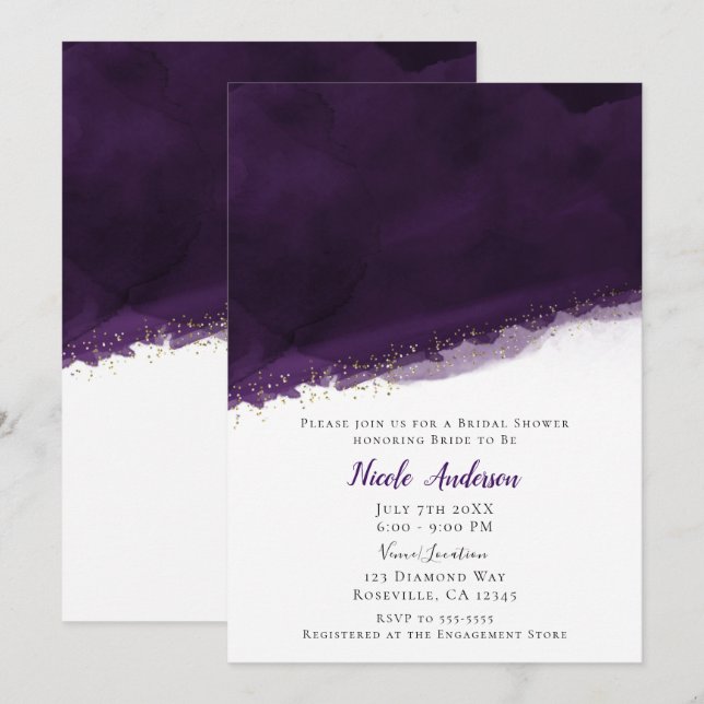 Lila Aquarell Gold Modernes Brautparty Einladung (Vorne/Hinten)