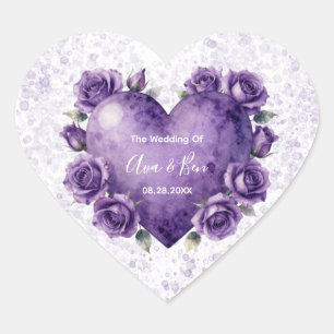 Lila Aquarell-Herz-und-Rosen-Hochzeit Herz-Aufkleber