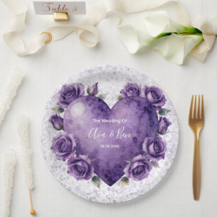 Lila-Aquarell-Herz-und-Rosen-Hochzeit Pappteller