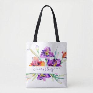 Lila Aquarell-Iris personalisiert Tasche