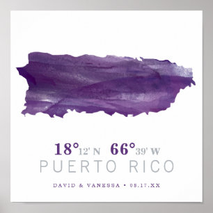 Lila Aquarell Karte von Puerto Rico Koordinaten Poster