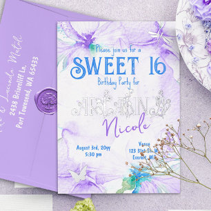 Lila Aquarell-Orchideen Sweet 16 Folieneinladung