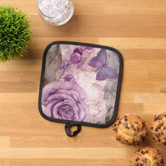 Lila Aquarell-Rose und Schmetterling Topflappen