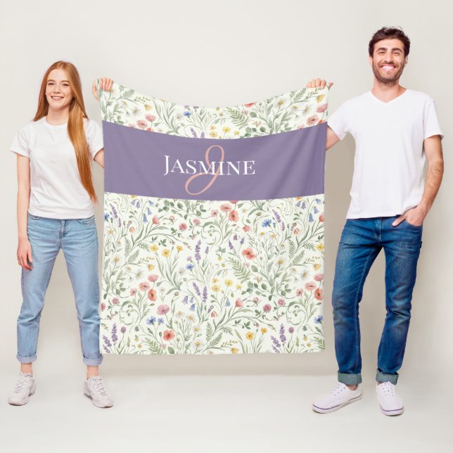 Lila Aquarell-Wildblumen-Boho-Monogramm-Name Fleecedecke (Beispiel)