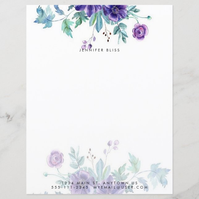 Lila Aquarellanemon personalisiertes Schreibpapier (Vorderseite)