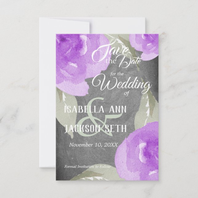 Lila Aquarellblume und -khalkboard Save The Date (Vorderseite)