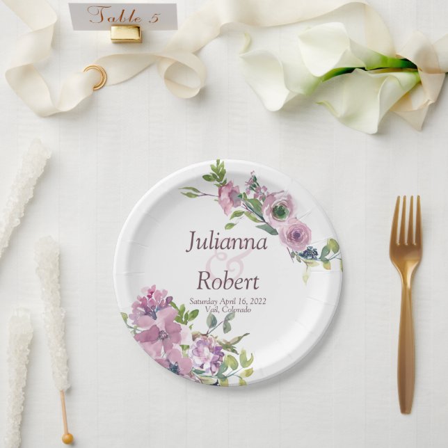 Lila Aquarellblumen Hochzeitszeitung Teller (Hochzeit)