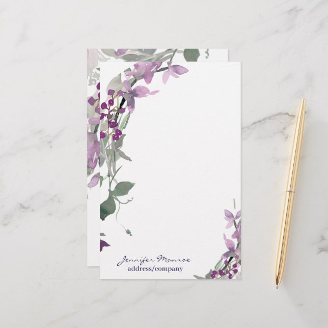 Lila Aquarellblumen personalisiert Briefpapier (Vorderseite/Rückseite Beispiel)