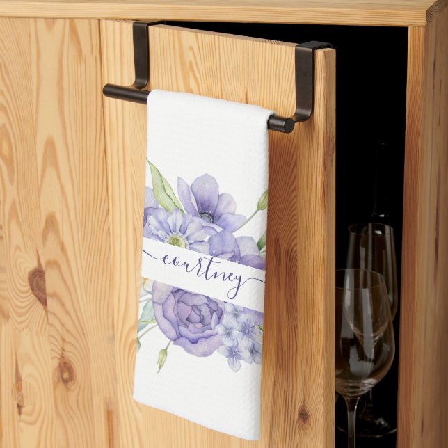 Lila Aquarellblumen personalisiert Geschirrtuch (Drittel gefaltet)