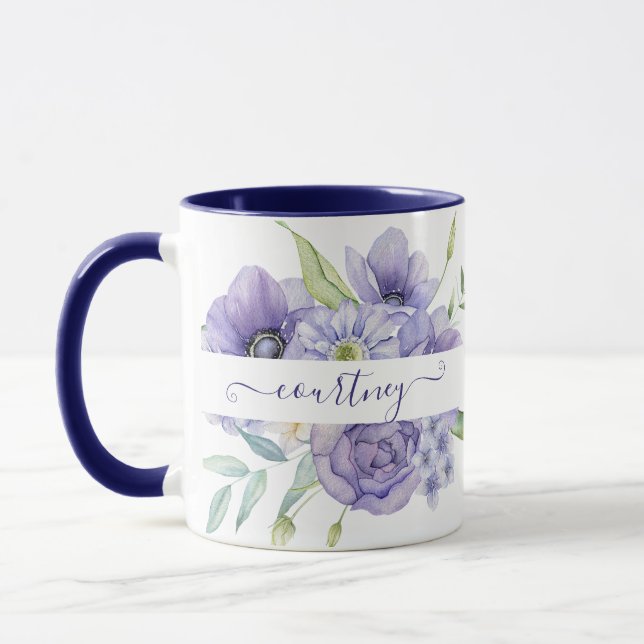 Lila Aquarellblumen personalisiert Tasse (Links)